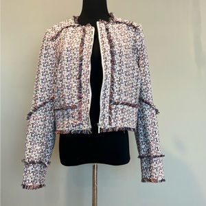 Carolina  Belle Crop Blazer Jacket Tweed Fringe Zipper Up Size Large Multicolor